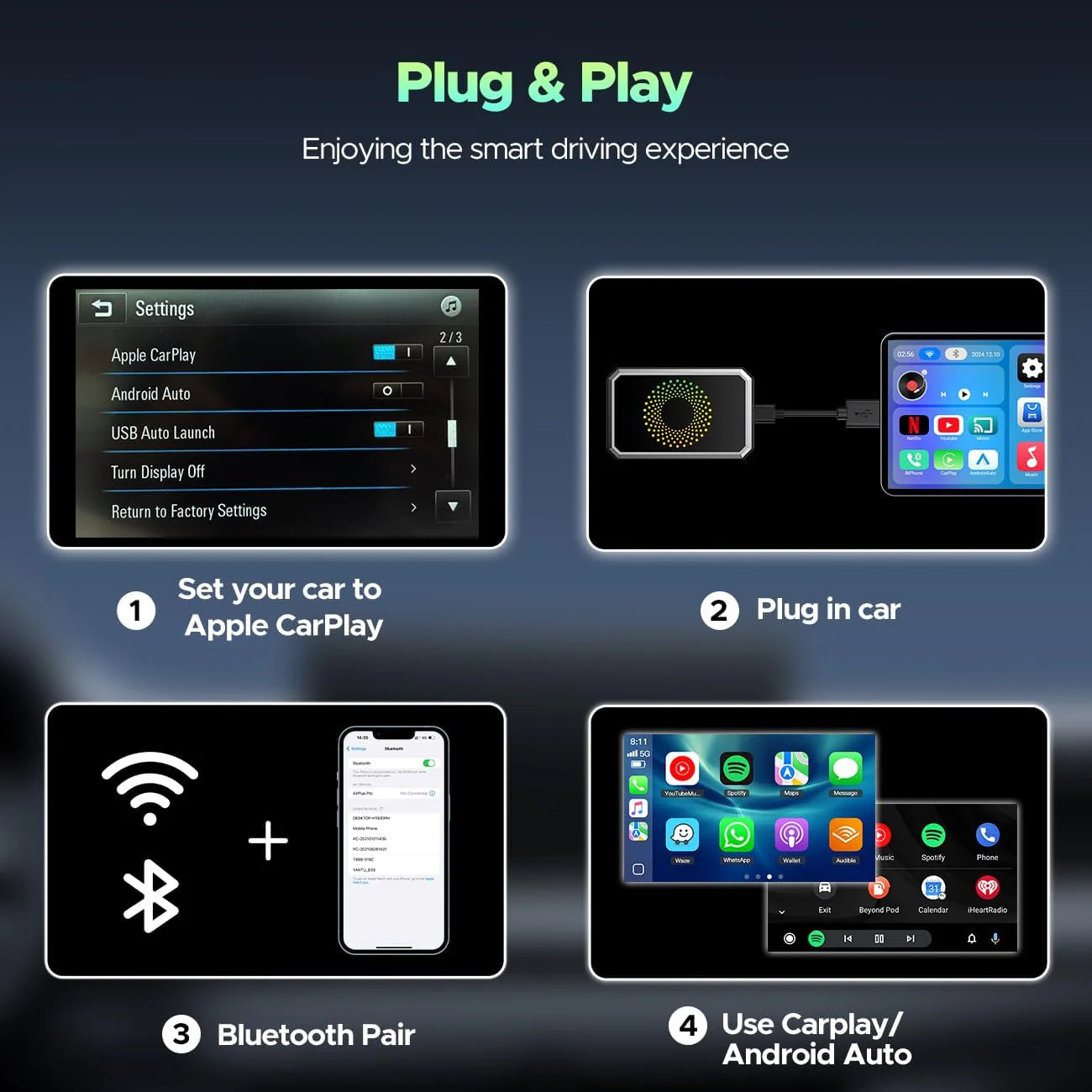 3-in-1 Wireless CarPlay Adapter with Video Streaming and USB Support