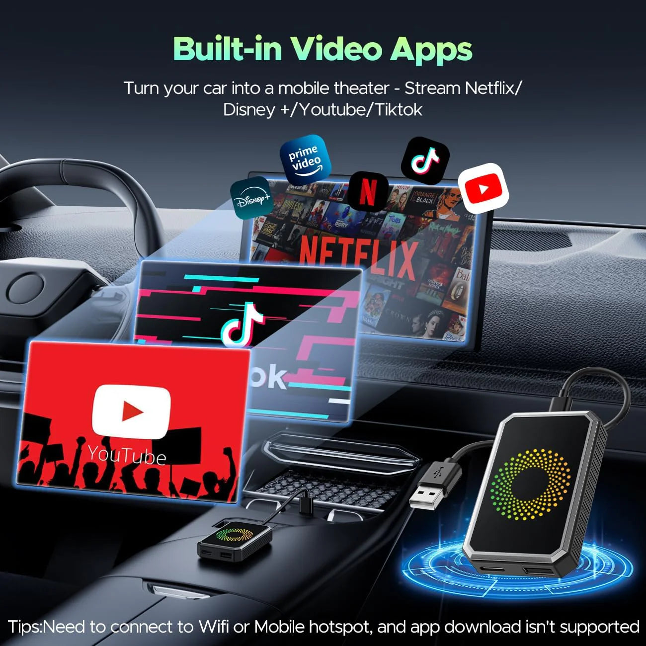3-in-1 Wireless CarPlay Adapter with Video Streaming and USB Support